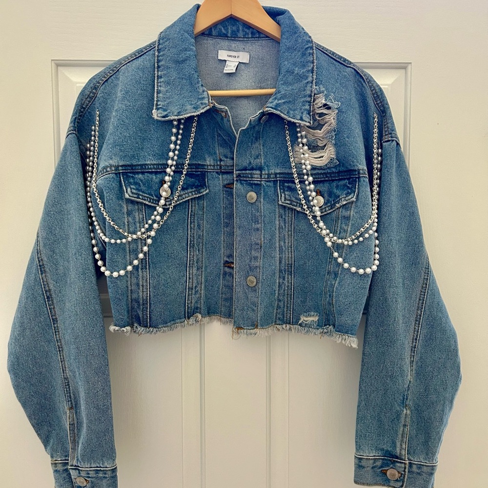Forever 21 Blue Distressed Jean Jacket with Pearl Accents size XL